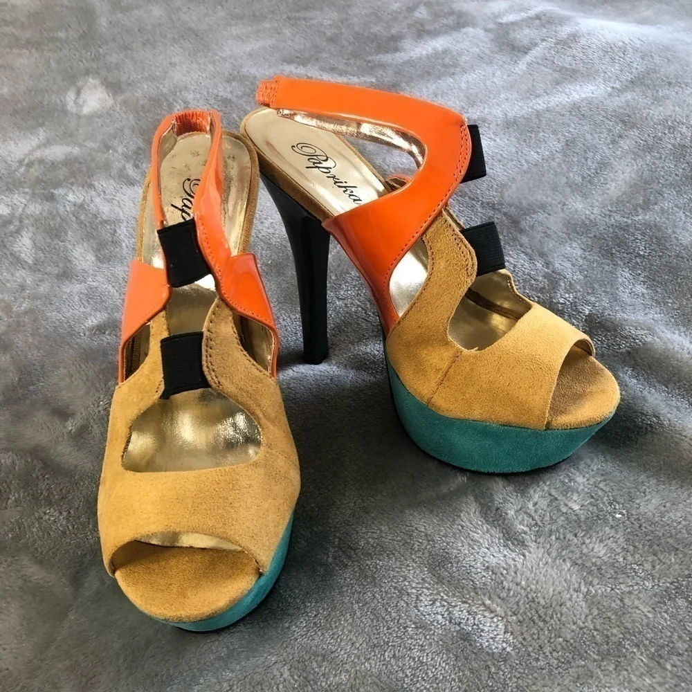 Paprika color block ankle sling back heel ankle heels orange tan+ mint green 5.5